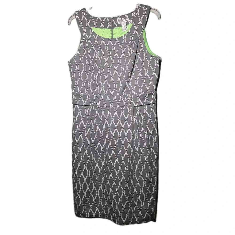 Robbie Bee‎ Womens Sz 14Sleeveless Geometric Print Gray/White Lined Sheath Dress